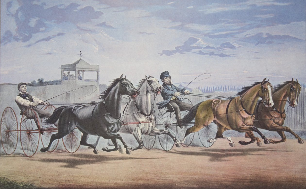 Stella en Alice Grey - Lantaarn en walvisbeen, Passeren de stand (In hun grote wedstrijd voor dubbelspan over de Union Course L.I. 5 juni 1855), uitgegeven 1855, Currier & Ives door American School