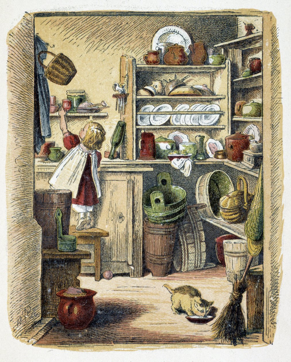 Opslag in de keuken in "Schnik, schnak, kleinigheden voor de kleintjes", kinderspelen. ed. London- Georges Ronthedge and sons. New York, The broad way Ludgate n.d. c. 1890. door American School