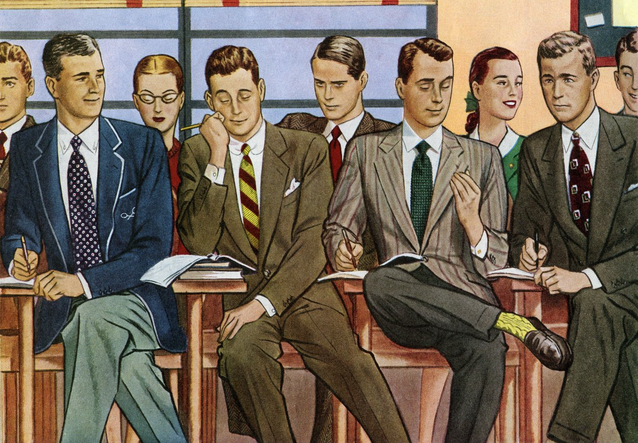 Studenten aan bureaus zittend in een collegezaal uit 1940 door American School