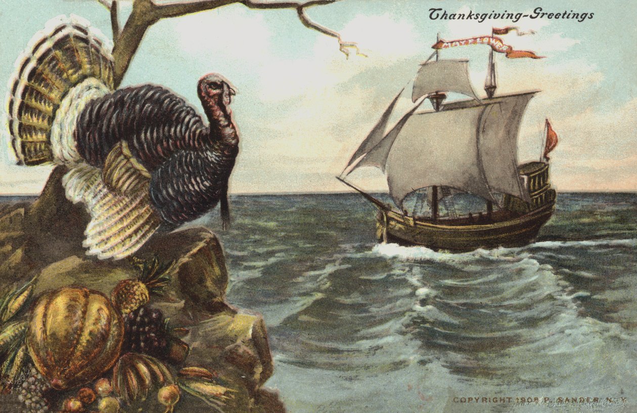 Wenskaart voor Thanksgiving (kleurenlitho) door American School