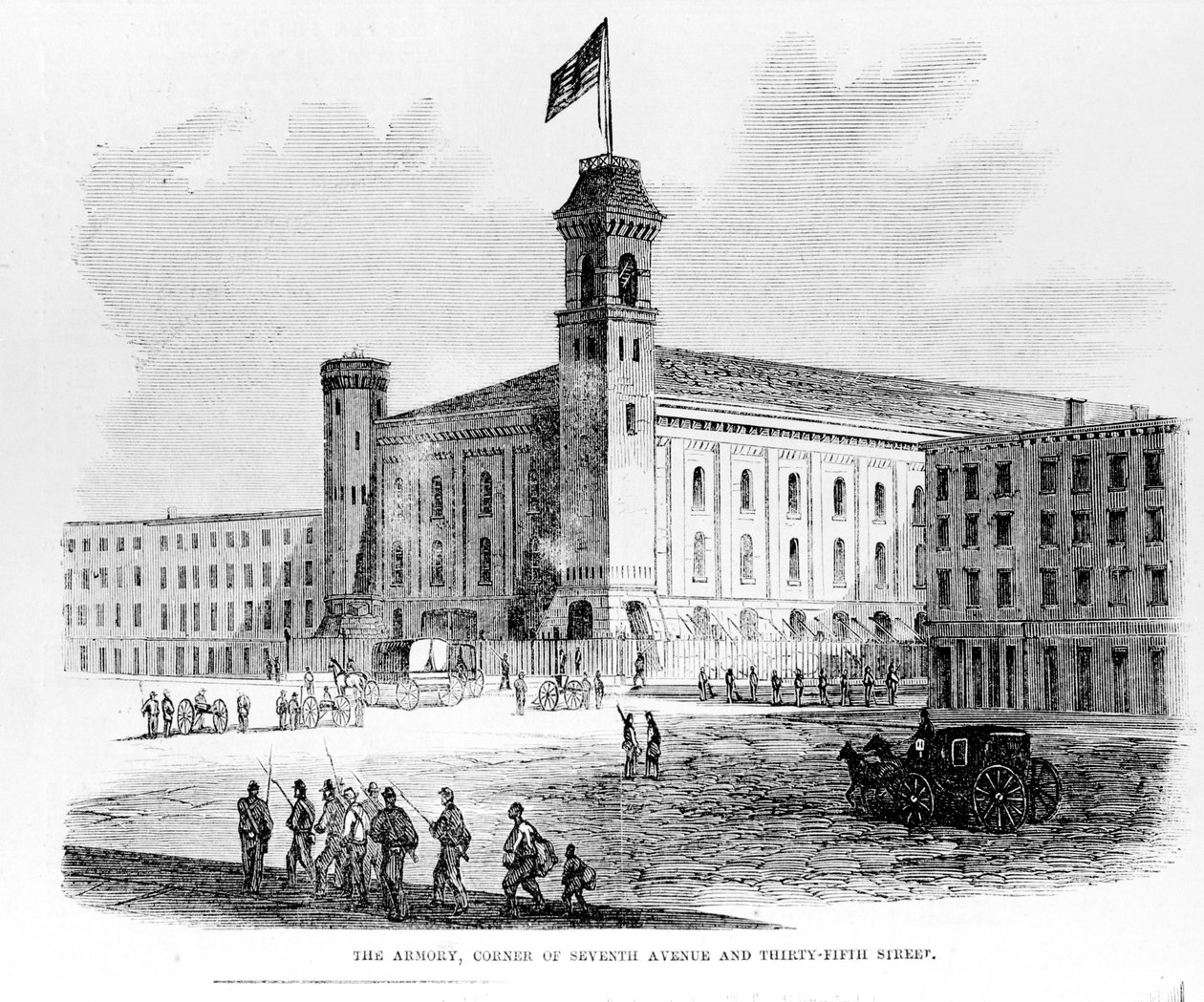 Het arsenaal, hoek van Seventh Avenue en Thirty-Fifth Street, scène uit de oproer in New York City, 1863 door American School