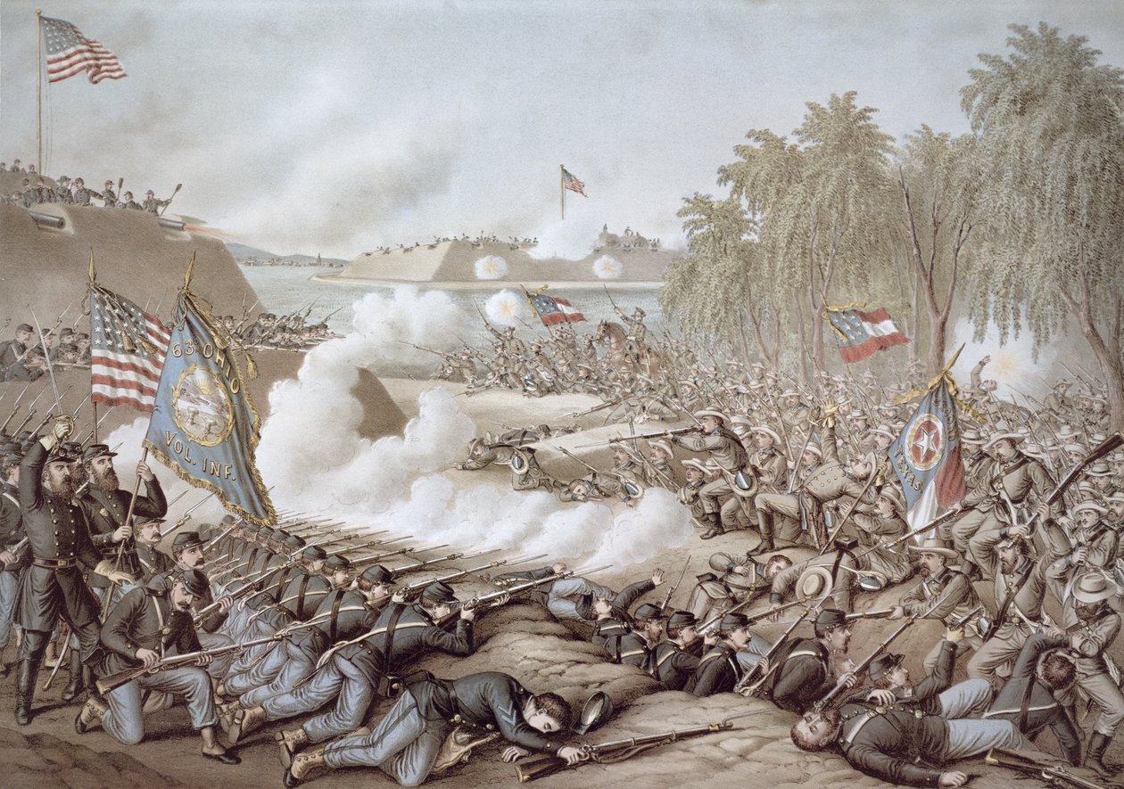 De Slag om Corinth, 3-4 oktober 1862, met vlaggen van Noord en Zuid, door Kurz & Allison door American School