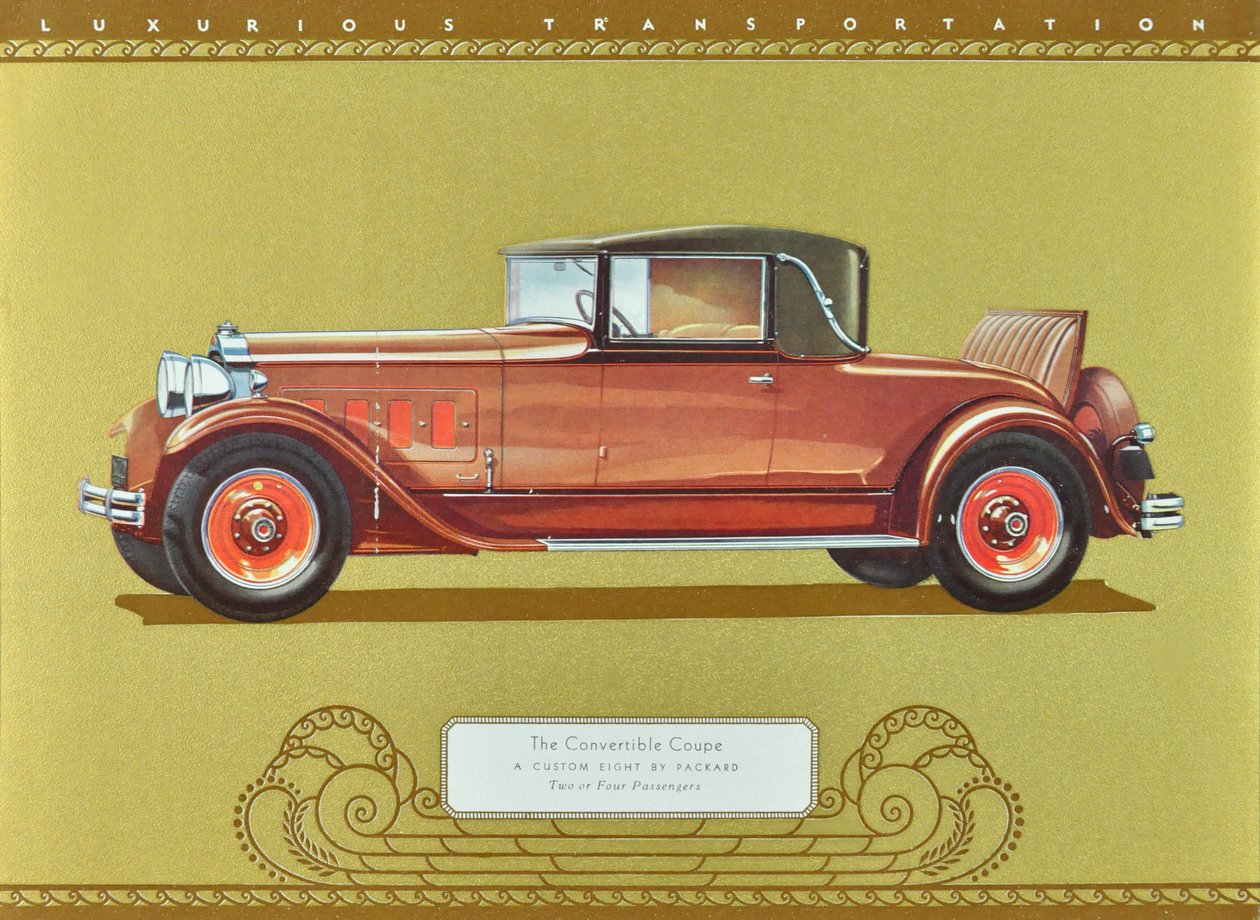 De Convertible Coupe, een Custom Eight van Packard, gepubliceerd in 1930 (kleurenlitho) door American School