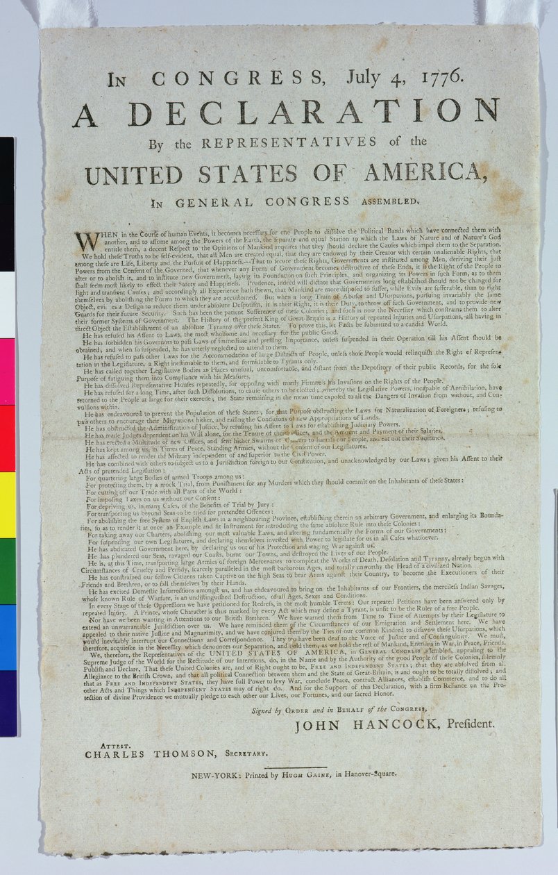 De Onafhankelijkheidsverklaring, gedrukt door Hugh Gaine, 1776 door American School