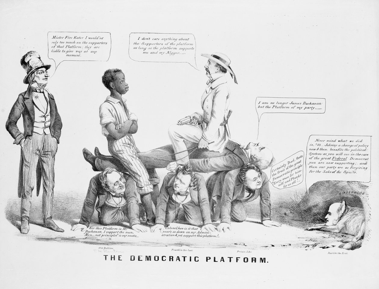 "Het Democratische Platform" politieke cartoon over de standpunten van de Democratische partij over slavernij, ca. 1856 door American School