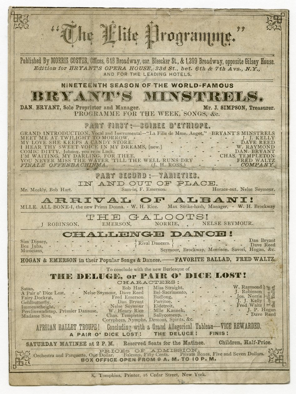 Het Elite Programma voor Bryants Opera House, gepubliceerd door Morris Coster door American School