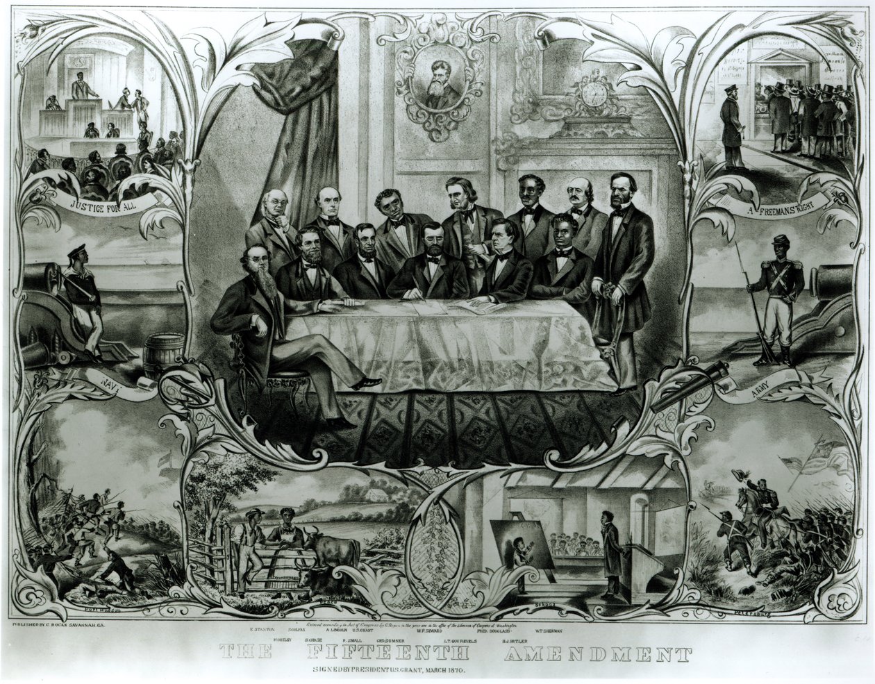 Het vijftiende amendement, ondertekend door president Ulysses S. Grant (1822-85) maart 1870 door American School