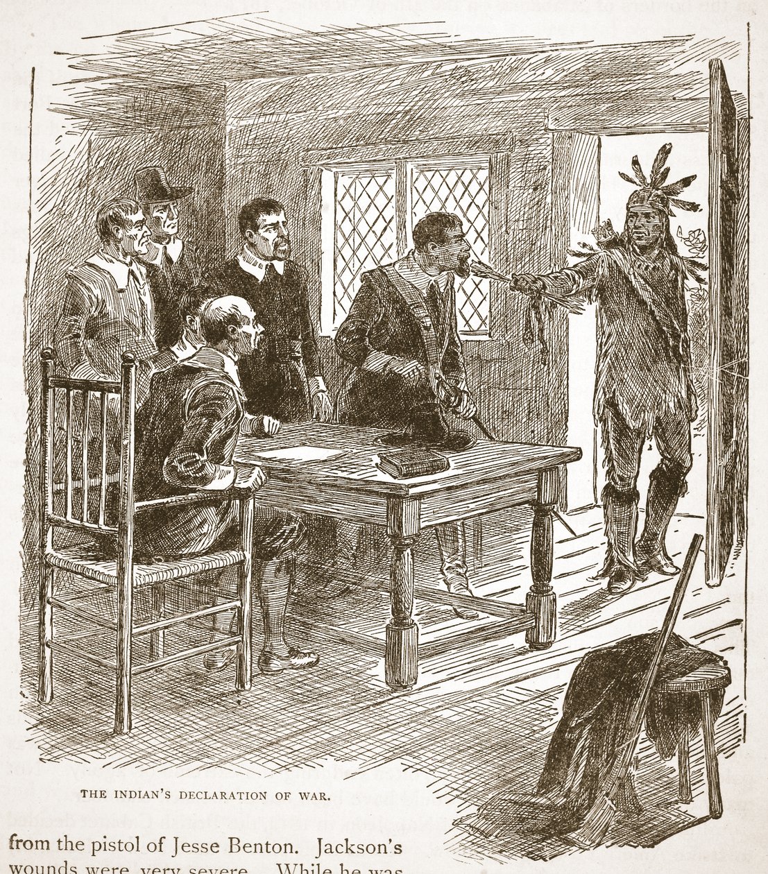 De Verklaring van Oorlog door de Indianen, uit een boek gepubliceerd in 1896 door American School