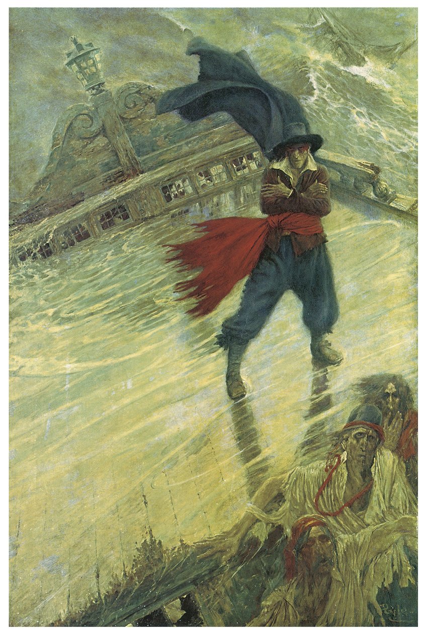 De Legende van het Spookschip of de Vliegende Hollander: een Nederlandse commandant die het lot wilde beproeven zou veroordeeld zijn om voor altijd op zijn schip rond te dwalen en ongeluk te brengen aan de schepen die zijn route kruisen Illustratie door Ho door American School