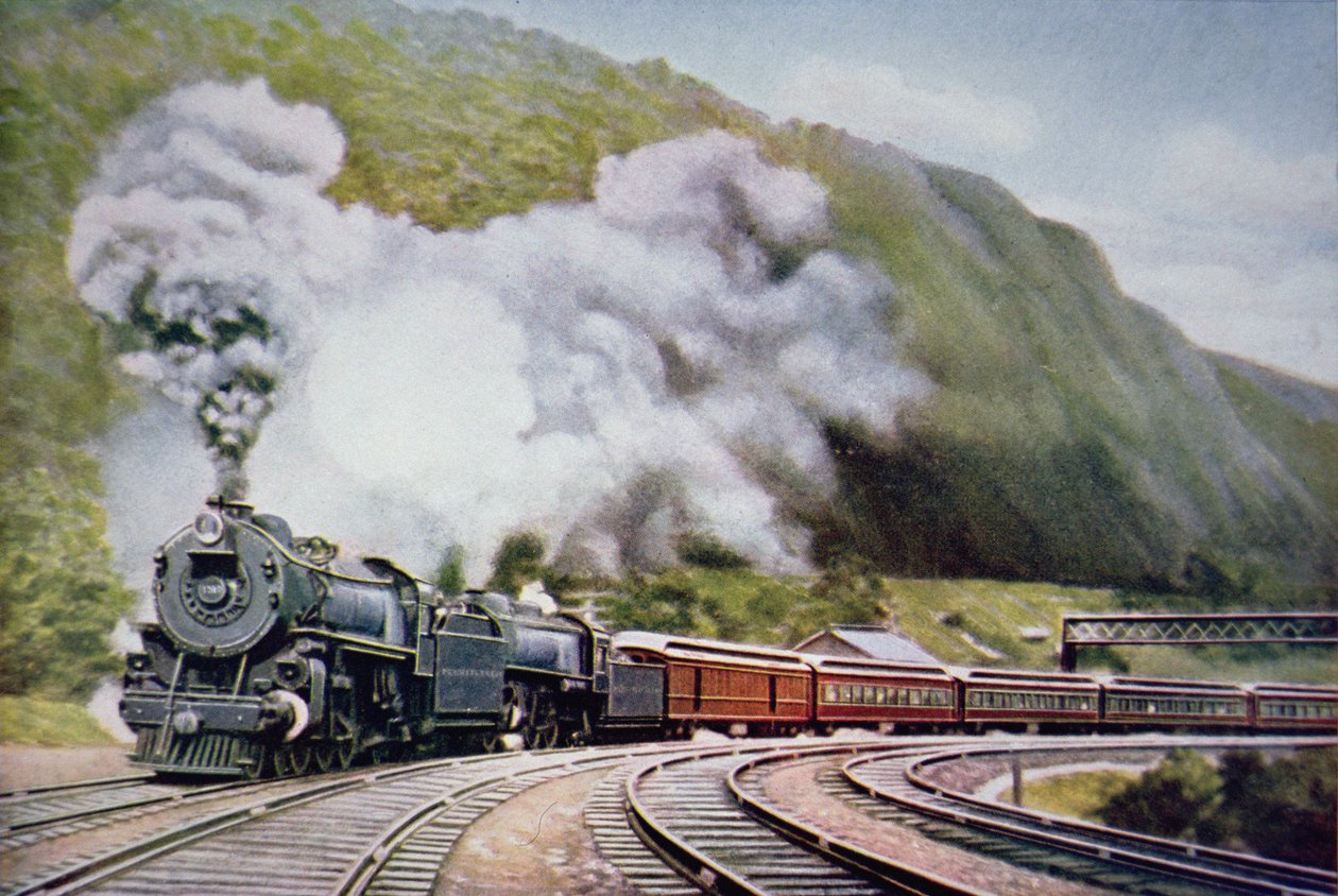 De New York naar Chicago Express bij de Horse-Shoe Curve, Alleghany, ca. 1930 (kleur litho) door American School