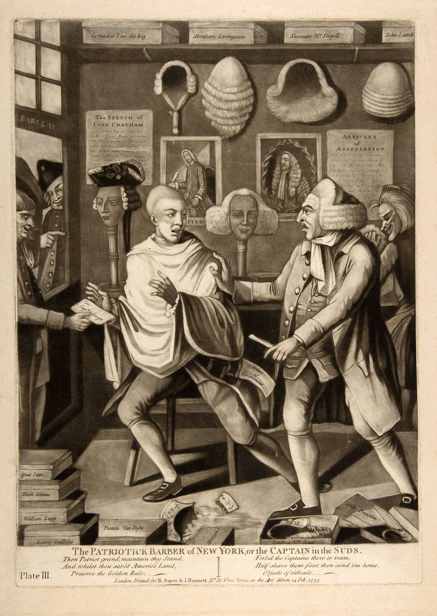 De Patriottische Kapper van New York, of de Kapitein in het schuim, pub. 1775 door American School