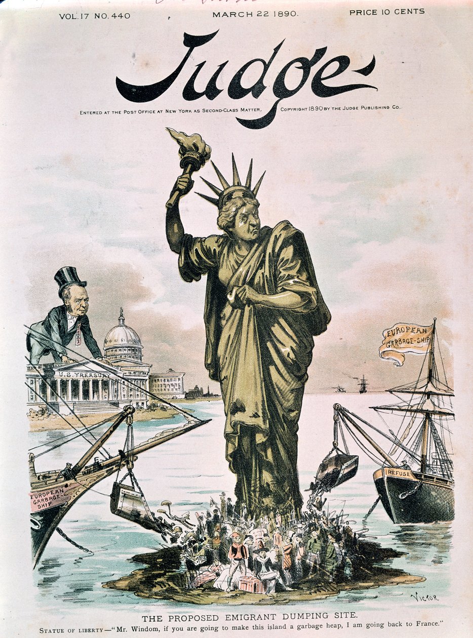 Het voorgestelde emigrantendumpingsite, voorpagina van Judge, 22 maart 1890 door American School