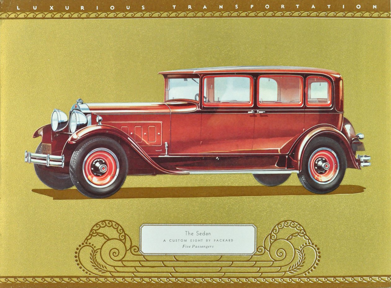 De Sedan, een Custom Eight van Packard, gepubliceerd in 1930 (kleurenlitho) door American School
