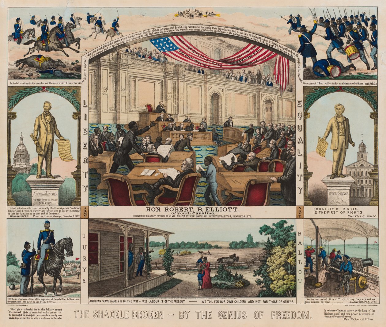 De ketting gebroken - Door de Genius van Vrijheid, ca. 1860-1879 (kleur litho) door American School