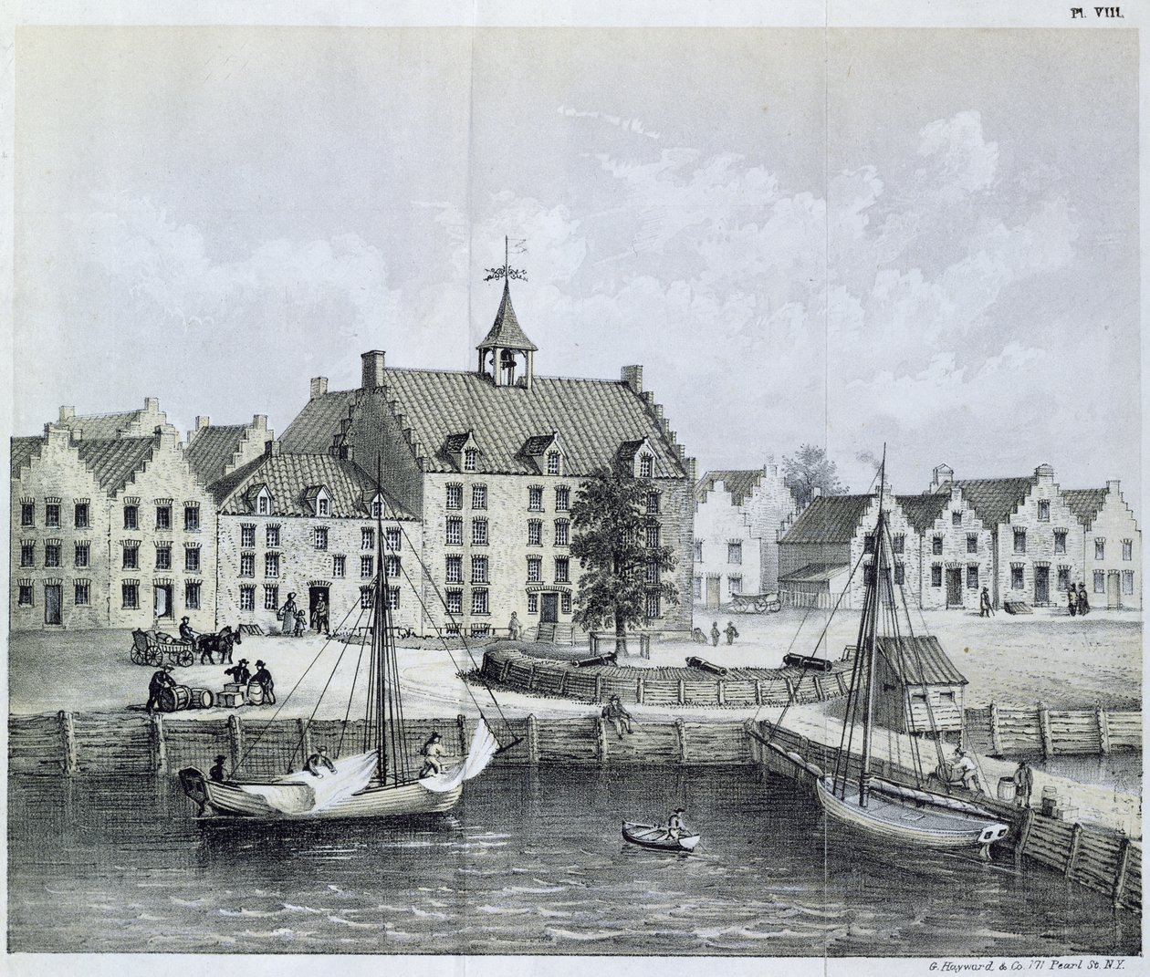 Het Stadthuys van New York in 1679, hoek van Pearl Street en Coentijs Slip, uit Journal of a Voyage to New York in 1679-80 door Jasper Danckaerts (b.1639) en Peter Sluyter (1645-1722), gepubliceerd 1867 door American School