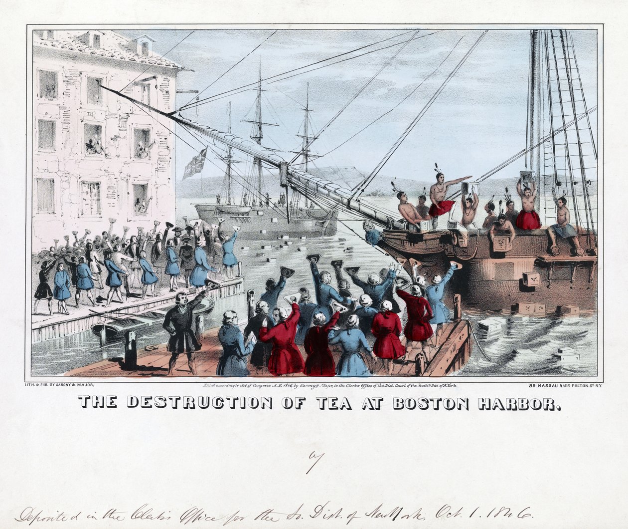 De vernietiging van thee in de haven van Boston, pub door American School