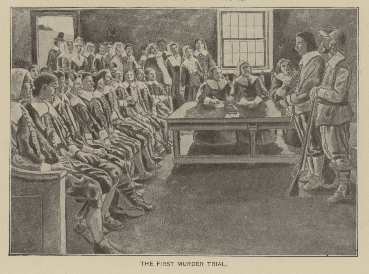 De eerste moordzaak in New England (litho) door American School