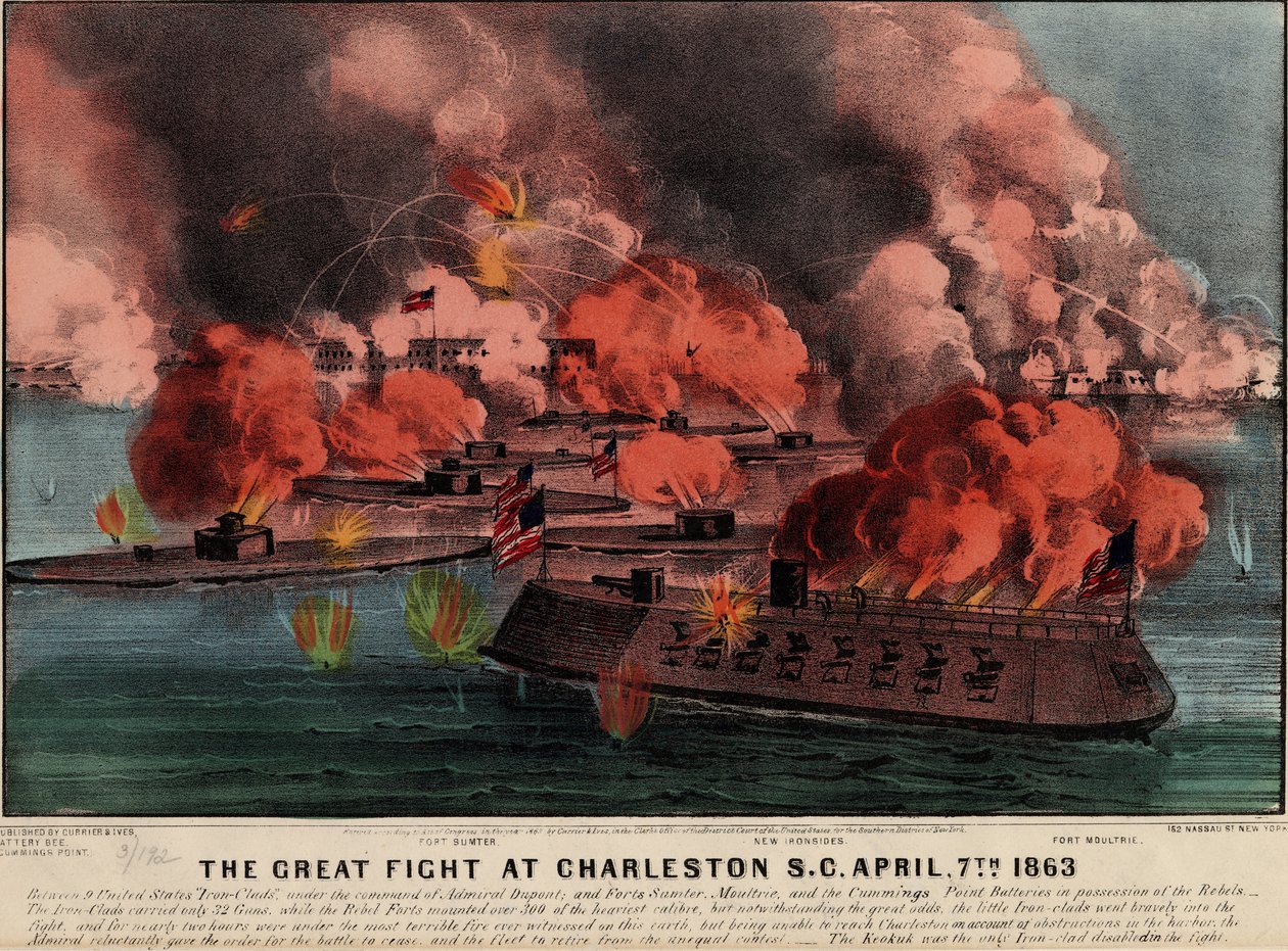 Het grote gevecht bij Charleston S.C., 7 april 1863, uitgegeven door Currier & Ives, 1863 door American School