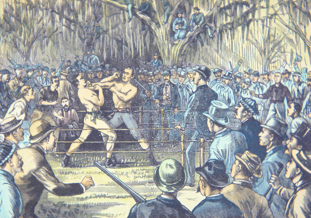 Het laatste kampioenschap boksen met blote vuisten in 1889, John L. Sullivan tegen Jake Kilrain in Richburg, Mississippi door American School