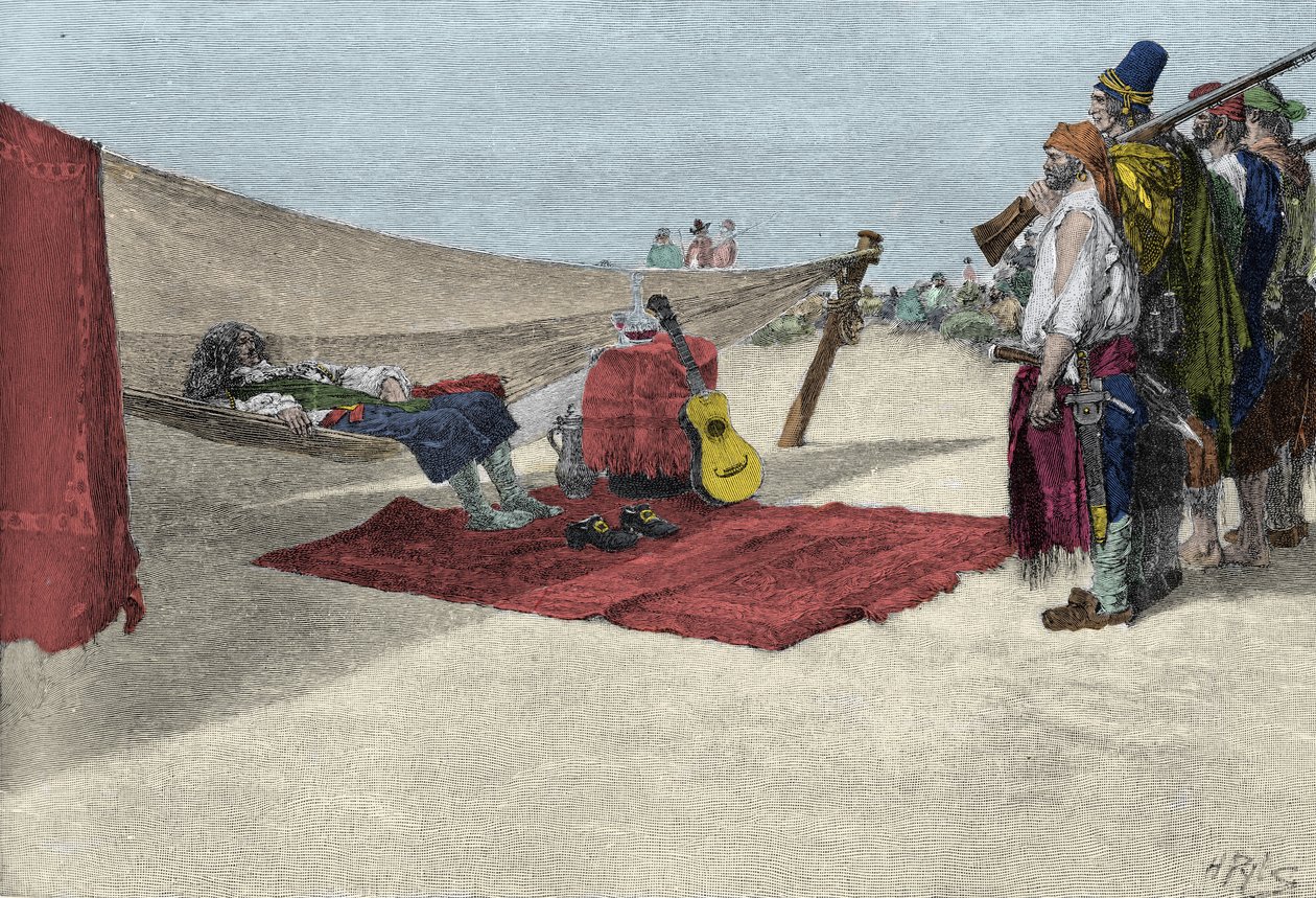 De piraat Sir Henry Morgan rekruteert mannen voor de aanval op Panama rond 1670. Boek van piraten Buccaneers en Marooners van de Spaanse Main door Howard Pyle door American School