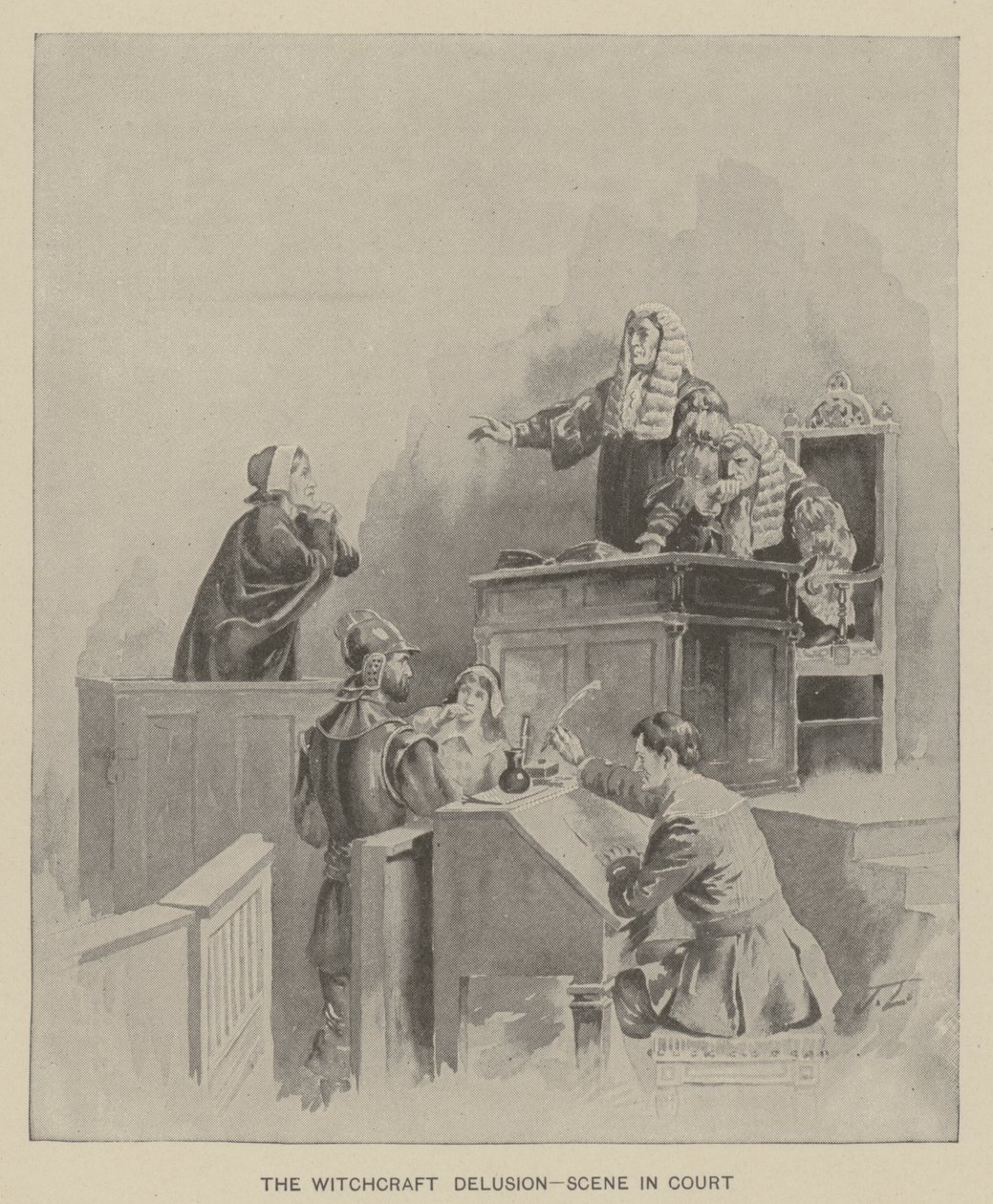 De hekserijwaan - scène in de rechtszaal (litho) door American School