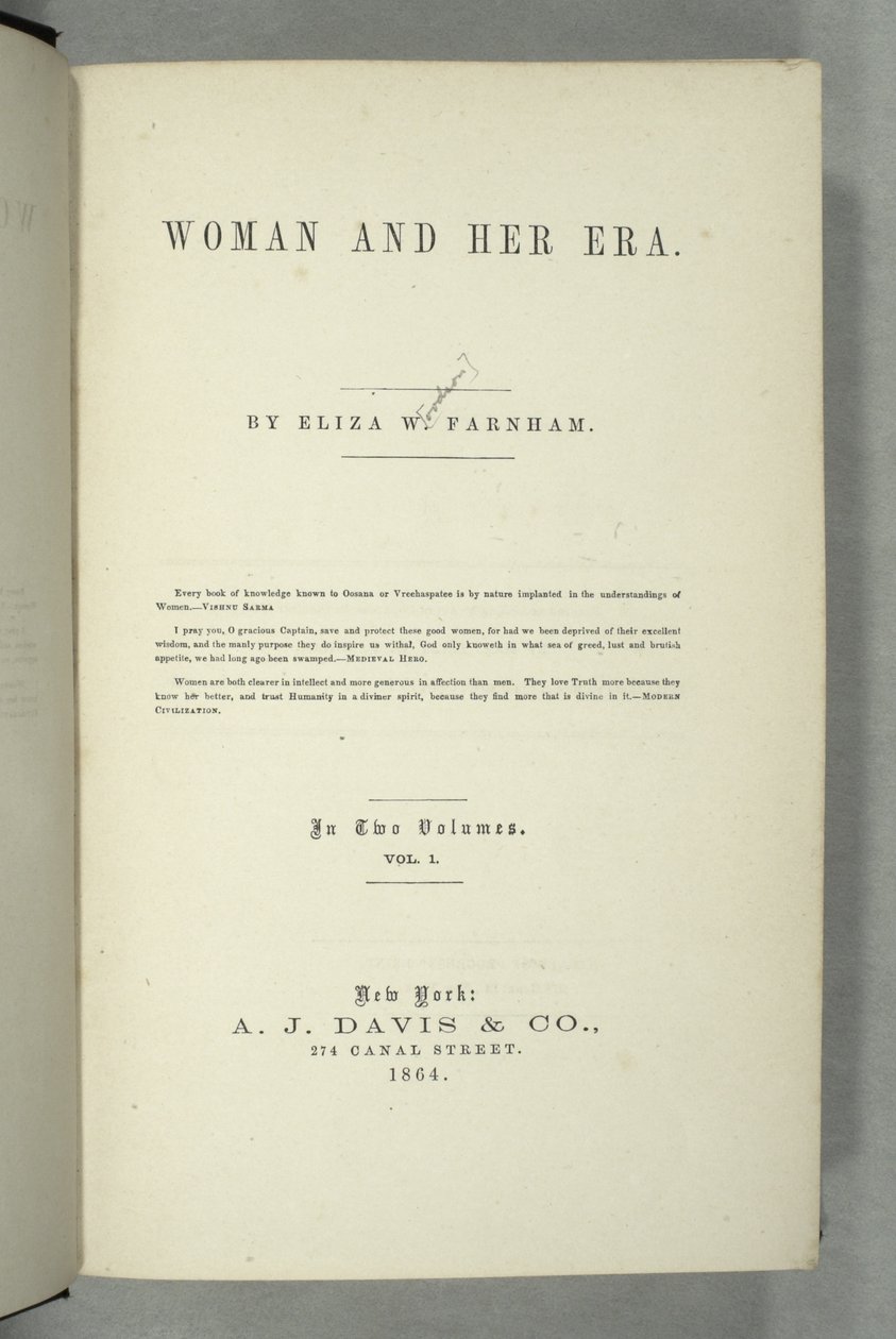 Titelpagina van Vrouw en Haar Tijdperk door Eliza Wood Farnham (1815-64) gepubliceerd in New York, 1864 door American School