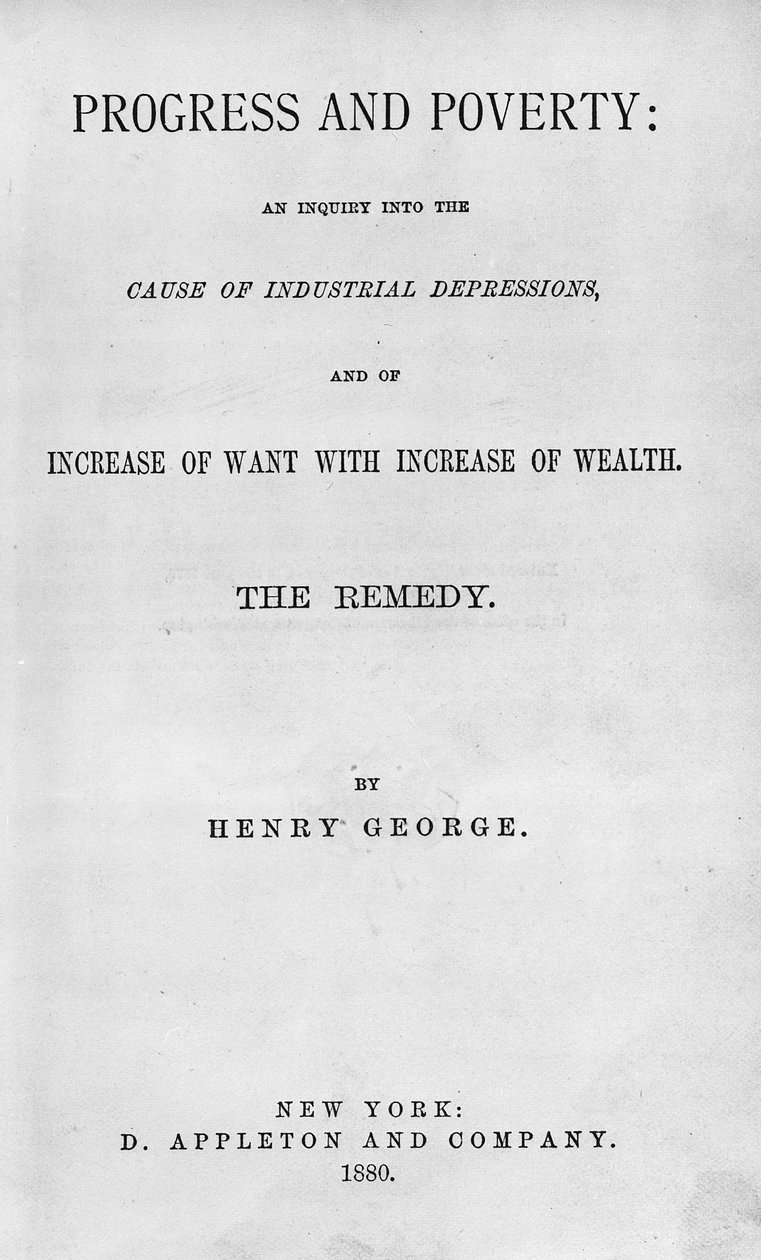 Titelpagina van Progress and Poverty door Henry George, gepubliceerd in 1880 door American School