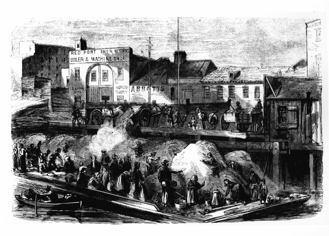 Zwerver verzamelen lompen om te verkopen van de vuilnisbelt van Beach Street, New York, ca. 1870 door American School