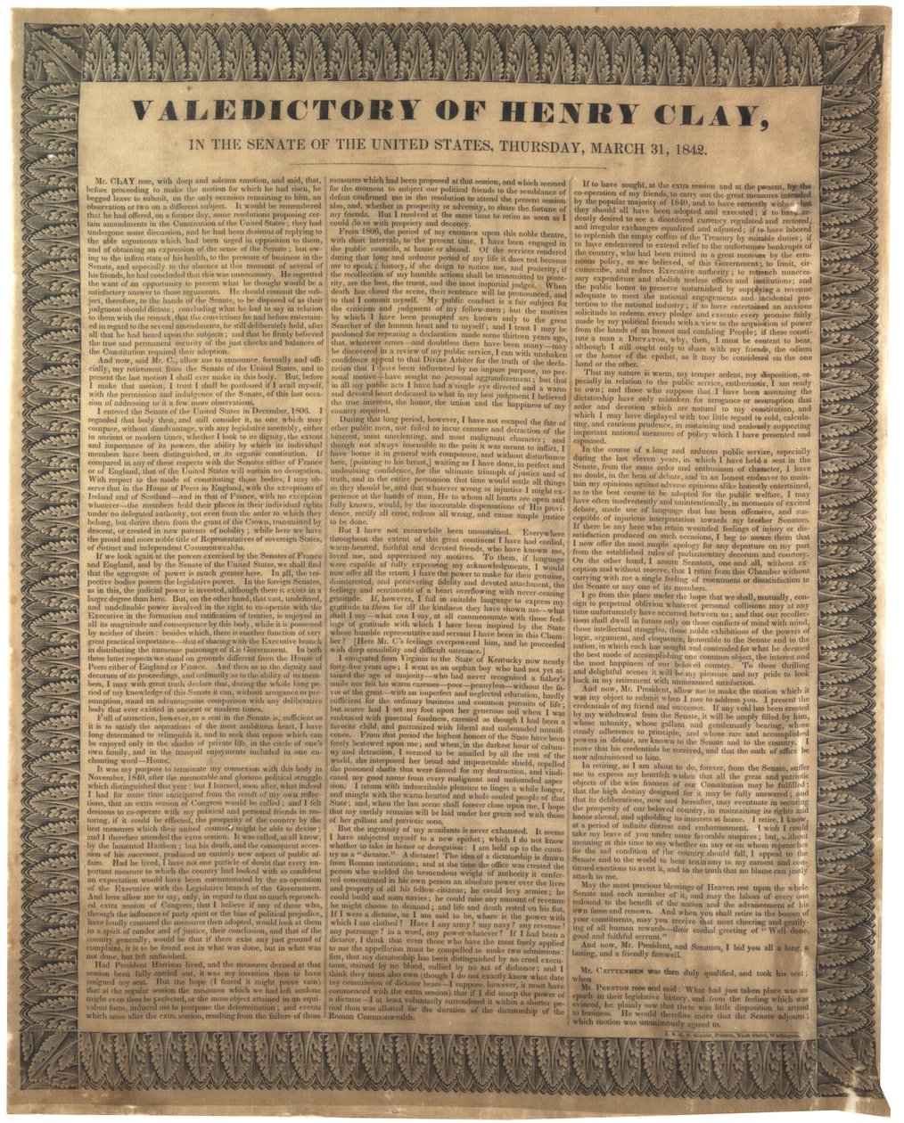 Afscheidsrede van Henry Clay, in de Senaat van de Verenigde Staten, 31 maart 1842 door American School