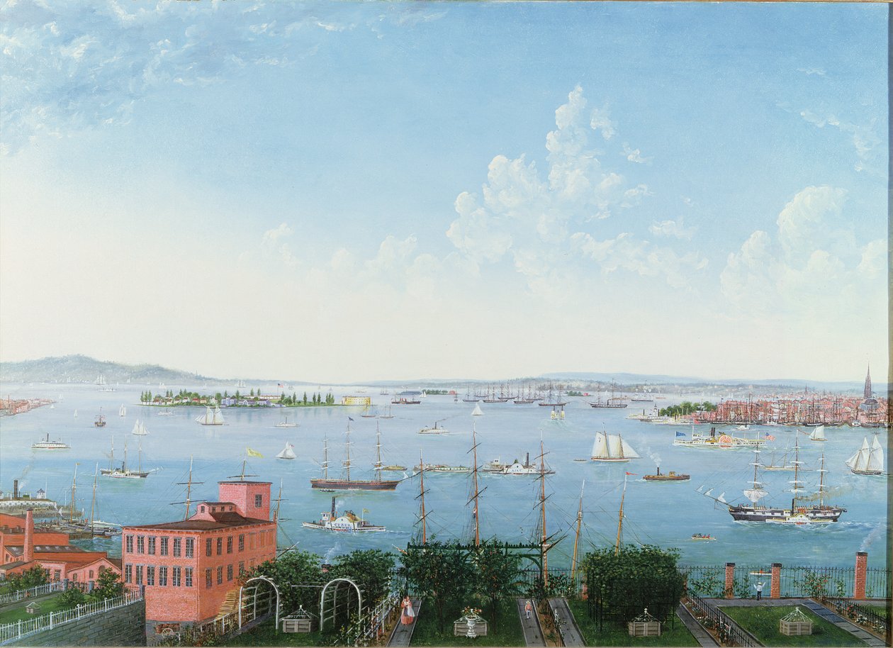 Uitzicht op de haven van New York vanaf Brooklyn Heights, c.1860 door American School