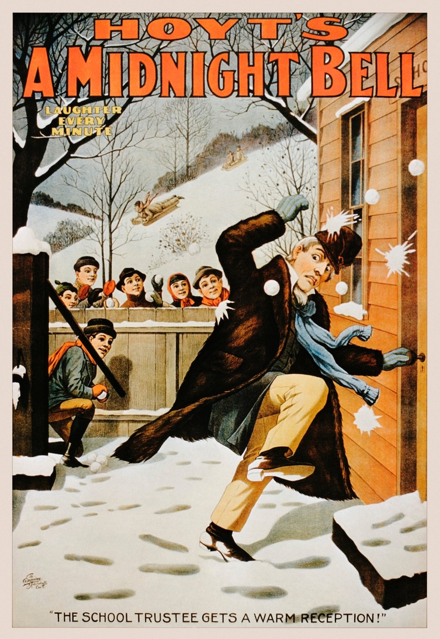 Vintage poster van jongens die een man met sneeuwballen bekogelen, 1890-99 door American School