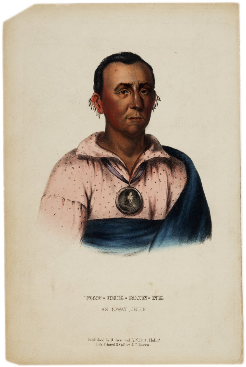 Wat-Che-Mon-Ne, Ioway Chief, prent gemaakt door J. T. Bowen, illustratie uit The History of the Indian Tribes of North America door Thomas L. McKenney en James Hall, ca. 1842-70 door American School