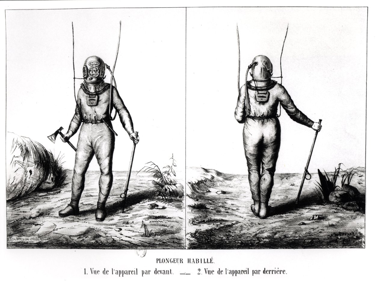 Diepzeeduiker, illustratie uit Scaphandre, Appareil de Plongeur Cabirol, door Joseph-Martin Cabirol, gepubliceerd Parijs 1855 door Amicar de Lafage