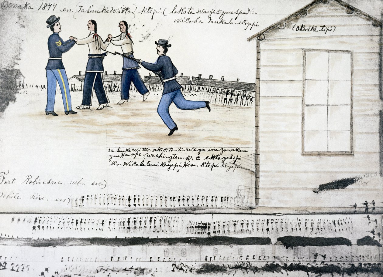 De dood van Crazy Horse, Fort Robinson, Nebraska, VS, 1877 ca. 1900 door Amos Bad Heart Buffalo