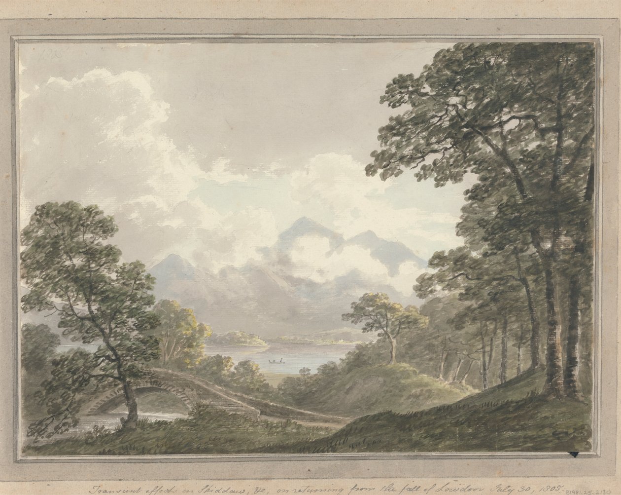 Uitzichten in Engeland, Schotland en Wales: Voorbijgaand effect op Skodow en c., bij terugkeer van de val van Lowdoor, 30 juli 1805 door Amos Green