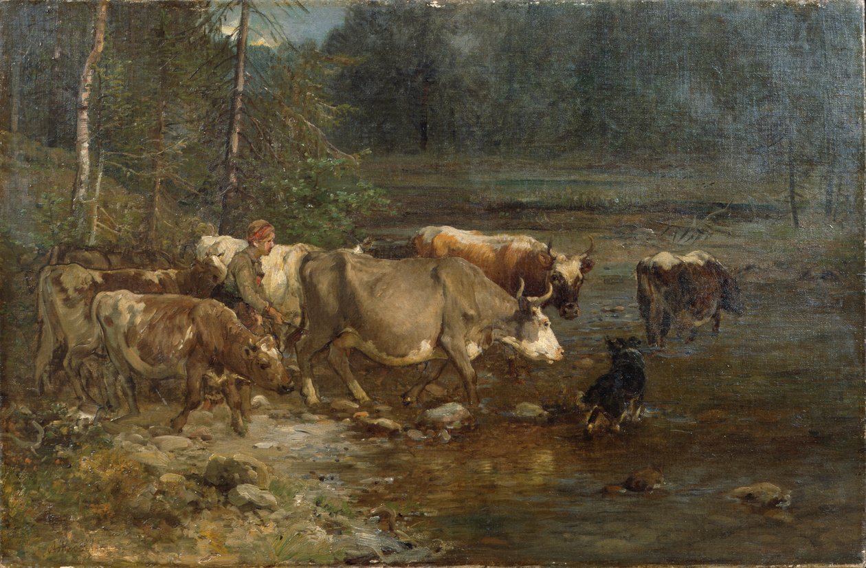 Melkmeisje en koeien bij de waterpaal (schilderij) door Anders Askevold