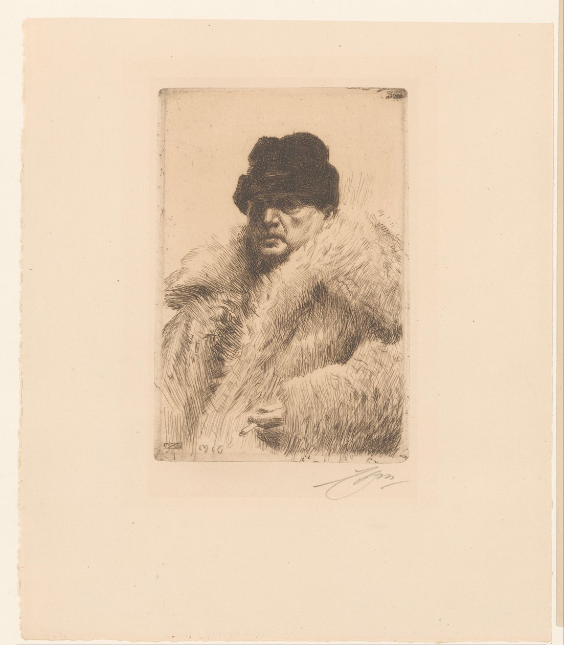 Zelfportret met pels en muts door Anders Leonard Zorn (signed by artist)