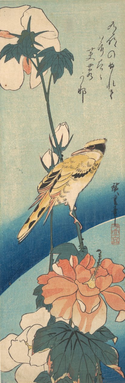Een zwartnekoriool op een stengel van rozenkaasjeskruid, ca. 1834 door Ando Hiroshige