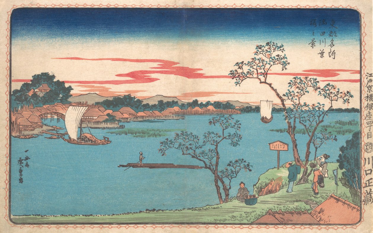 Een uitzicht op kersenbomen in blad langs de Sumida-rivier door Ando Hiroshige