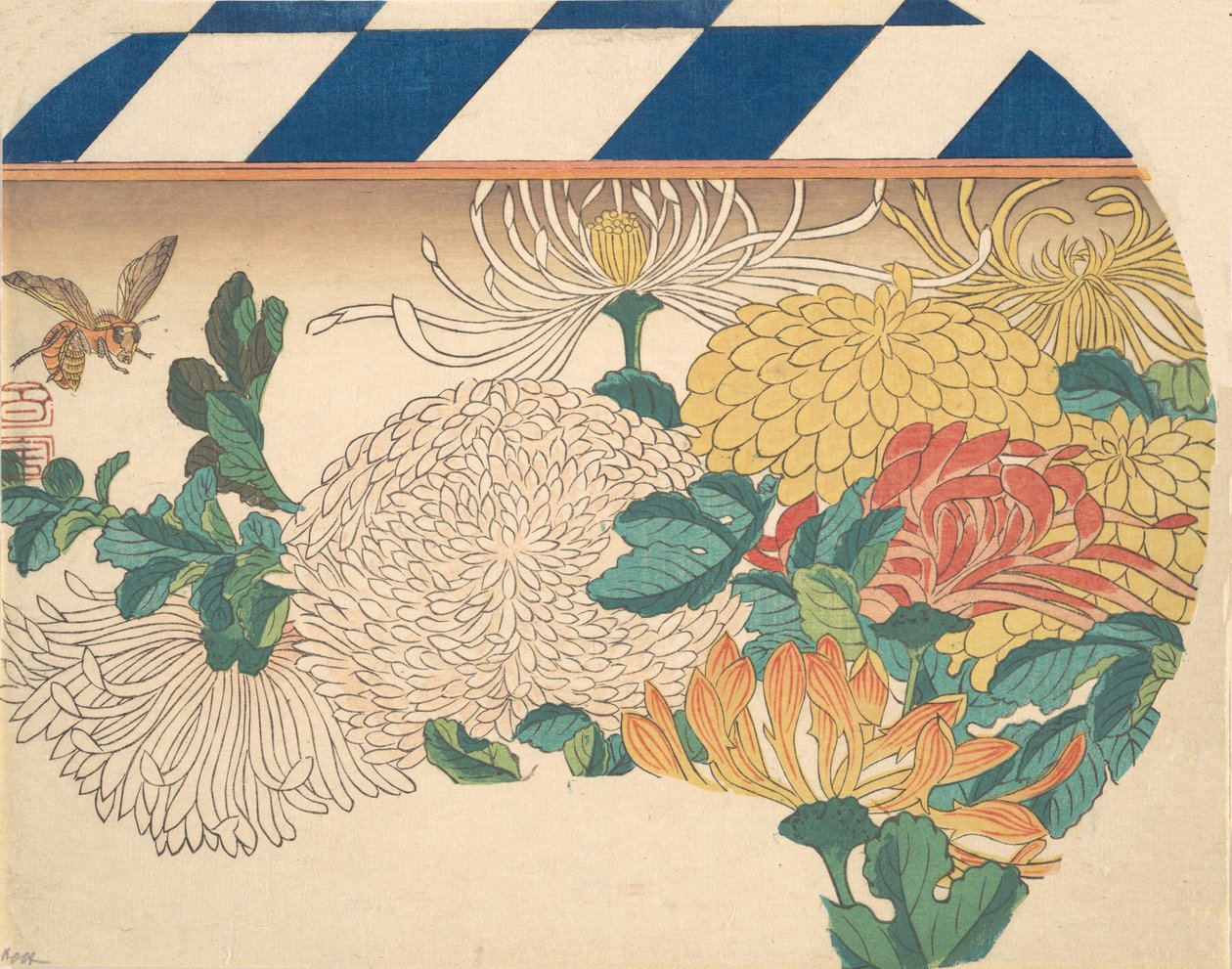 Chrysanten in waaiervormig ontwerp, 1840s door Ando Hiroshige