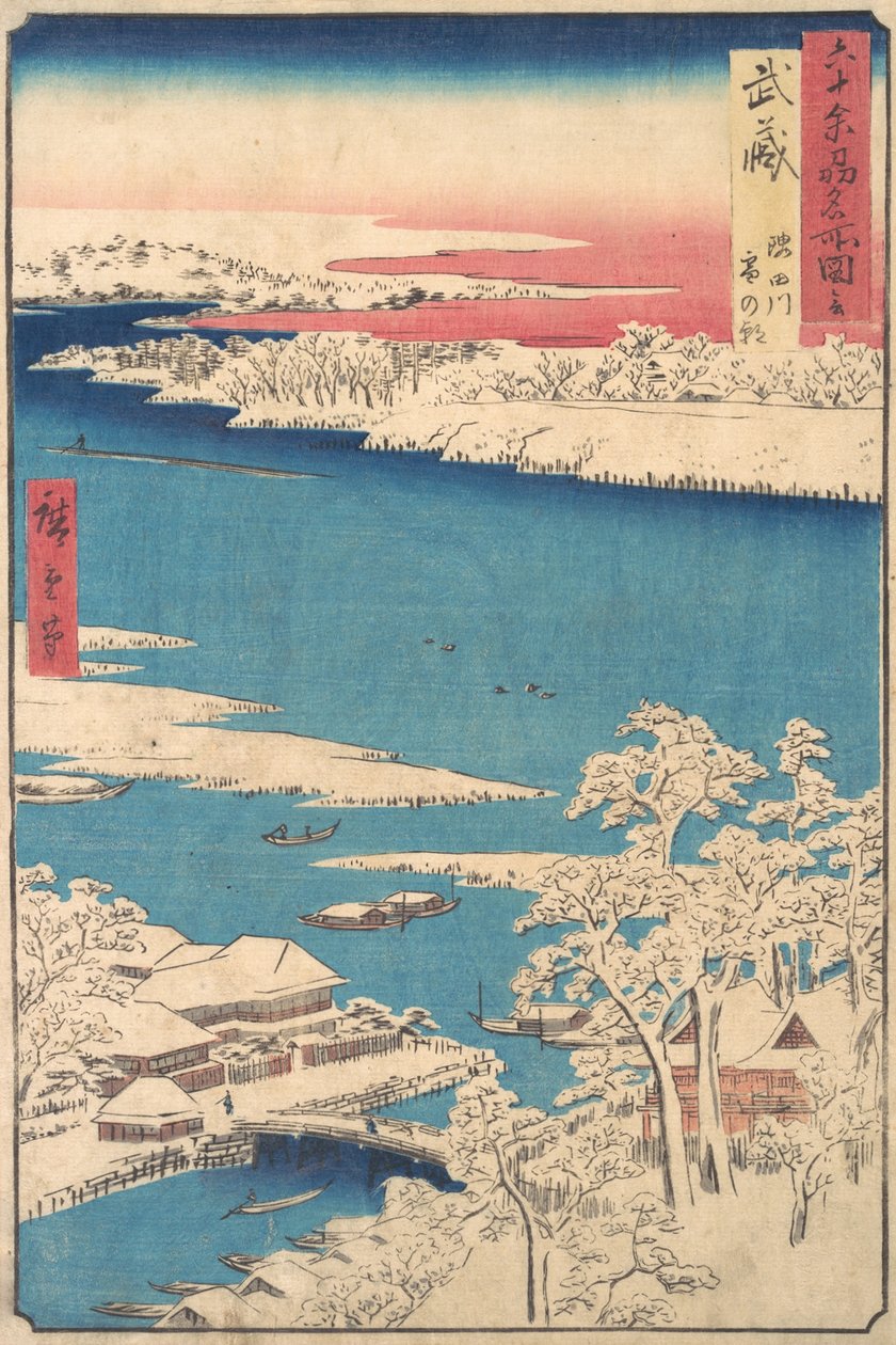 Ochtend na een sneeuwval, de Sumida-rivier, Musashi-provincie, uit de serie Views door Ando Hiroshige