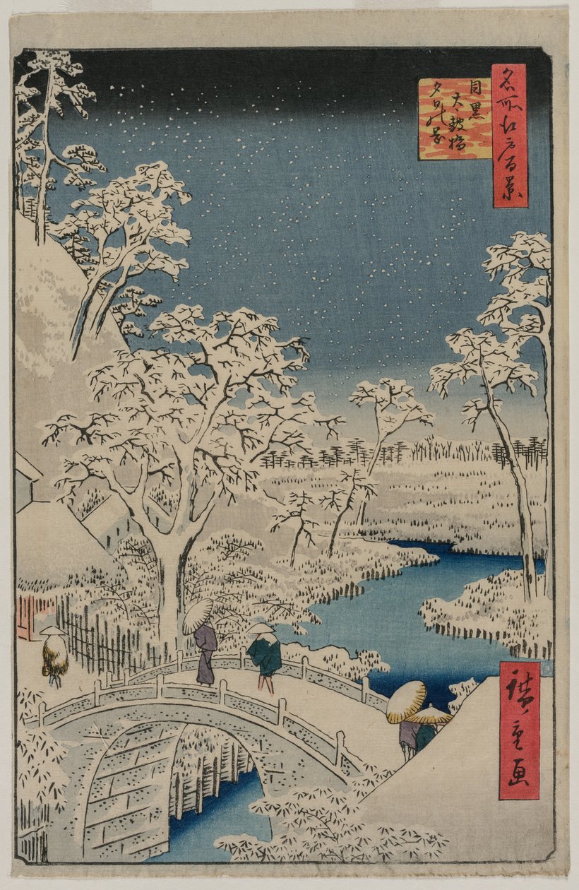 Schilderij van schemering bij de Drum Bridge in Meguro door Ando Hiroshige