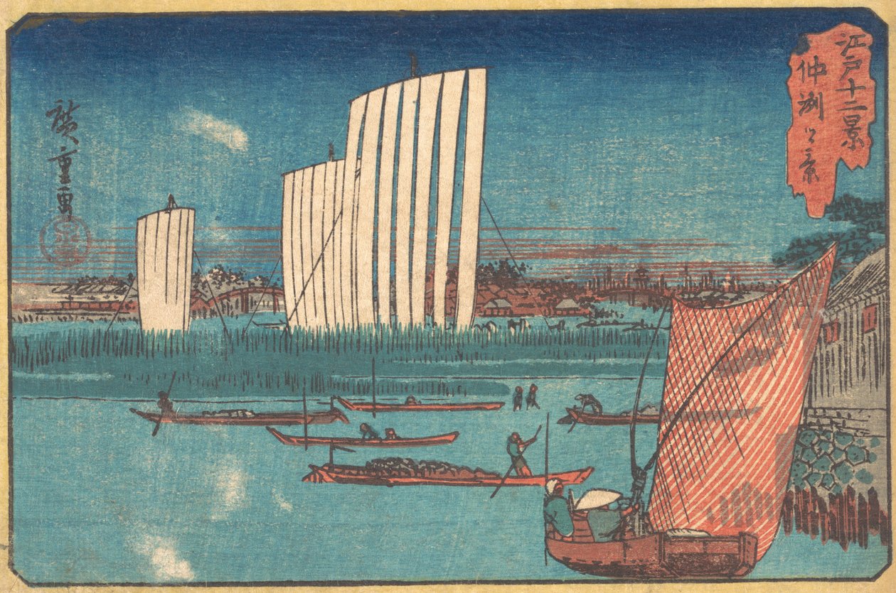 Zeilboten, uit de serie Twaalf Zichten op Edo, 19e eeuw door Ando Hiroshige