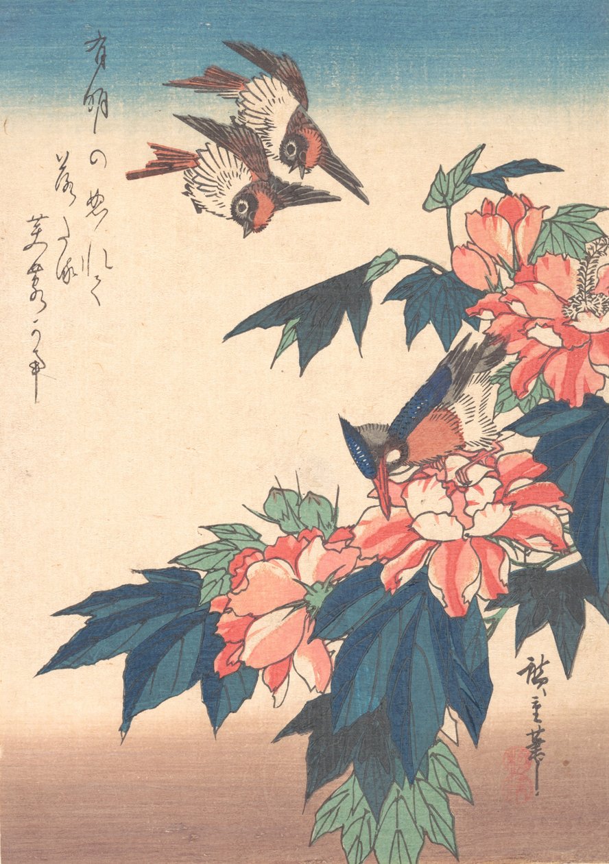 Zwaluwen en ijsvogel met rozen, ca. 1838 door Ando Hiroshige