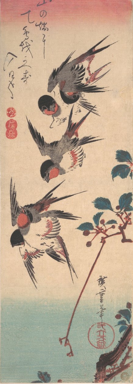 Zwaluwen en wilde kers, ca. 1834 door Ando Hiroshige