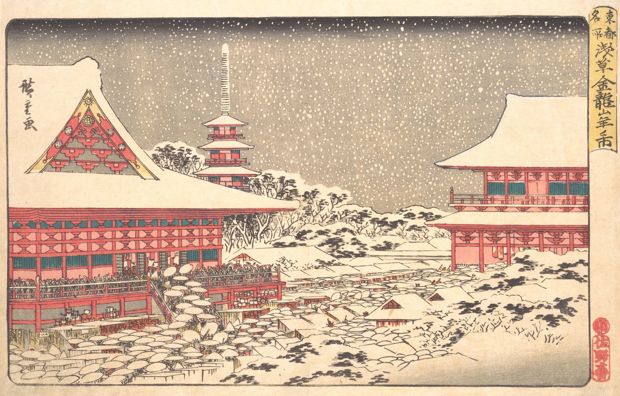 Eindejaarsbeurs bij de Kinryuzan-tempel, ca. 1836 door Ando Hiroshige