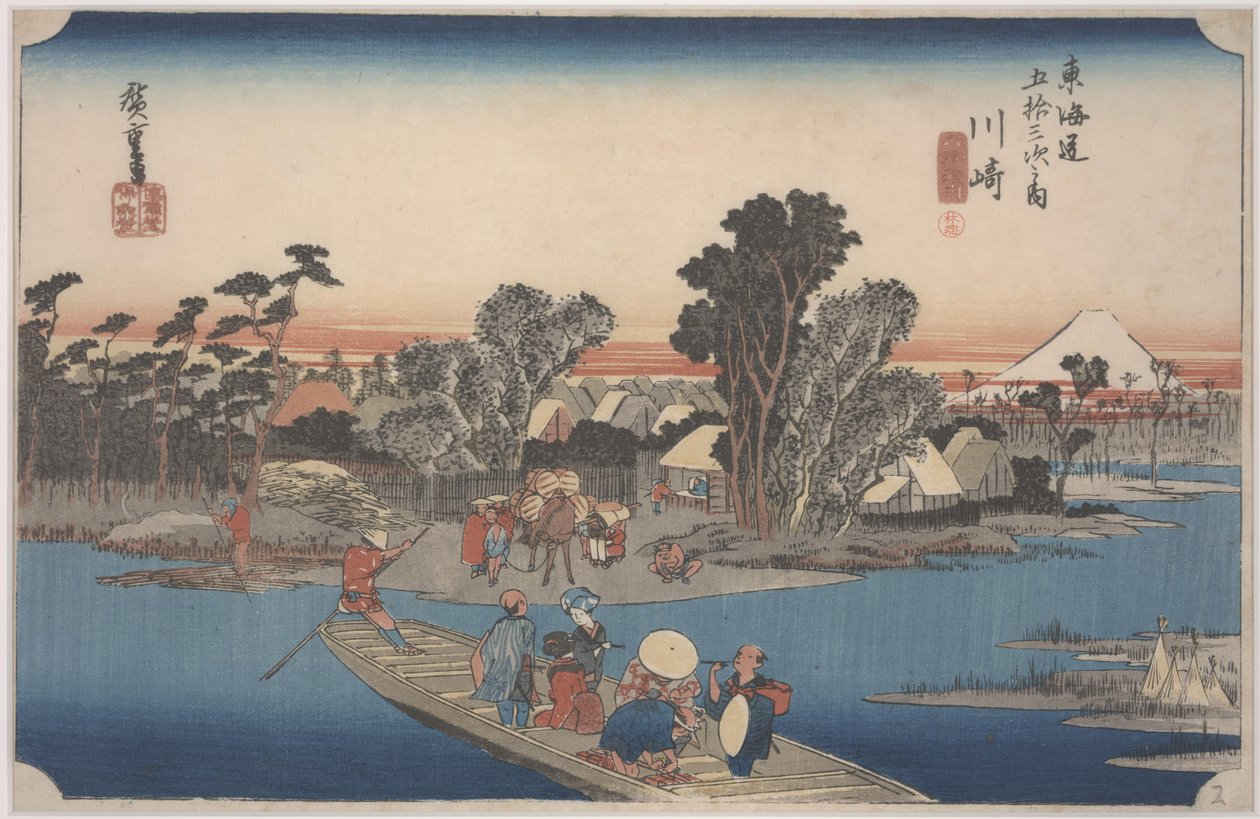 Een veerboot op de Rokugo-rivier door Ando or Utagawa Hiroshige