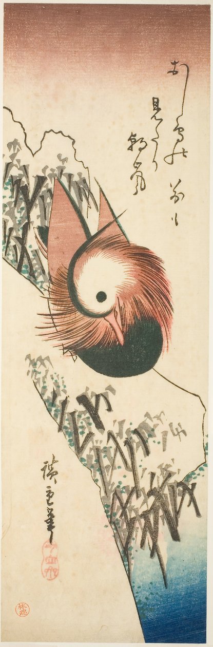 Een Mandarijneend op een besneeuwde oever door Ando or Utagawa Hiroshige