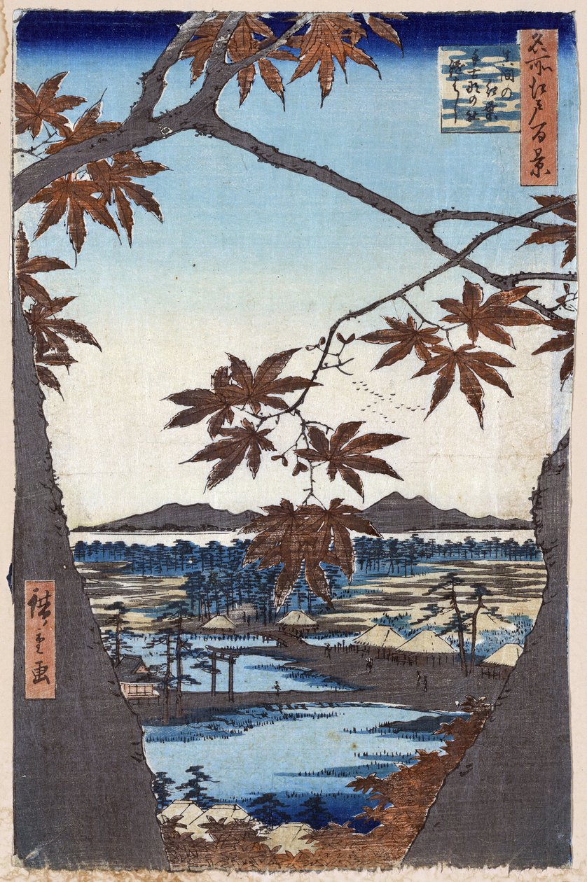 Honderd beroemde uitzichten van Edo: Esdoornbladeren en het Tekona-heiligdom en de brug in Mama door Ando or Utagawa Hiroshige