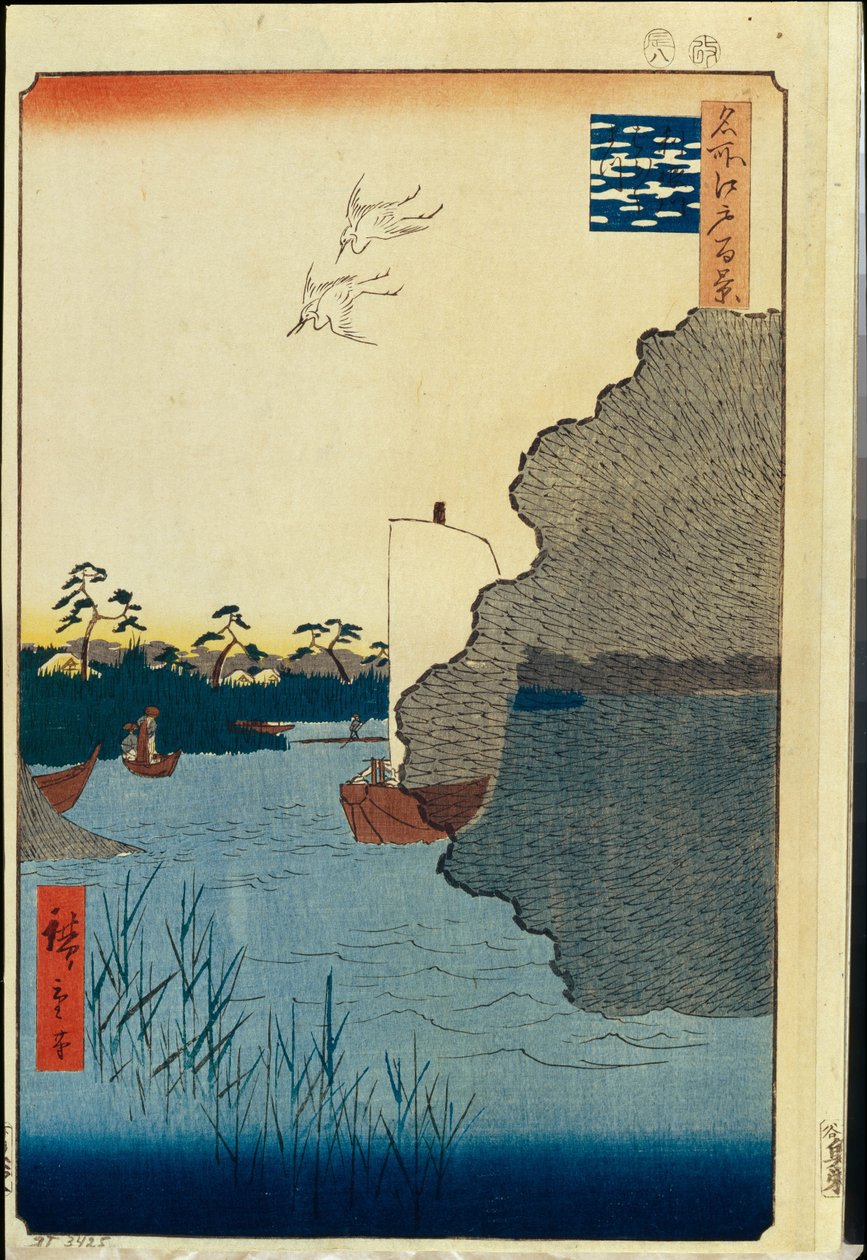 Honderd beroemde uitzichten van Edo: Verspreide dennen aan de Tone-rivier door Ando or Utagawa Hiroshige
